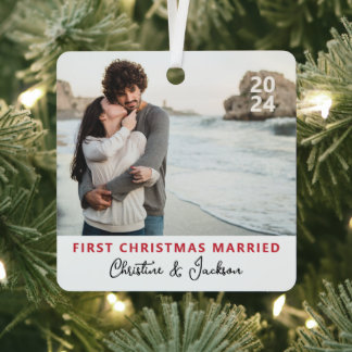 First Christmas | Modern Trendy Couple Photo Met Metal Tree Decoration