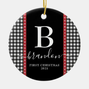 First Christmas Monogram Baby Name Buffalo Plaid Ceramic Tree Decoration
