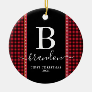 First Christmas Monogram Baby Name Buffalo Plaid  Ceramic Tree Decoration