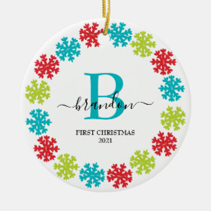 First Christmas Monogram Baby Name Xmas Wreath Ceramic Tree Decoration