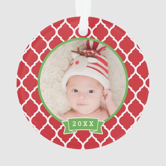 First Christmas Monogram Photo Holiday Ornament (Back)