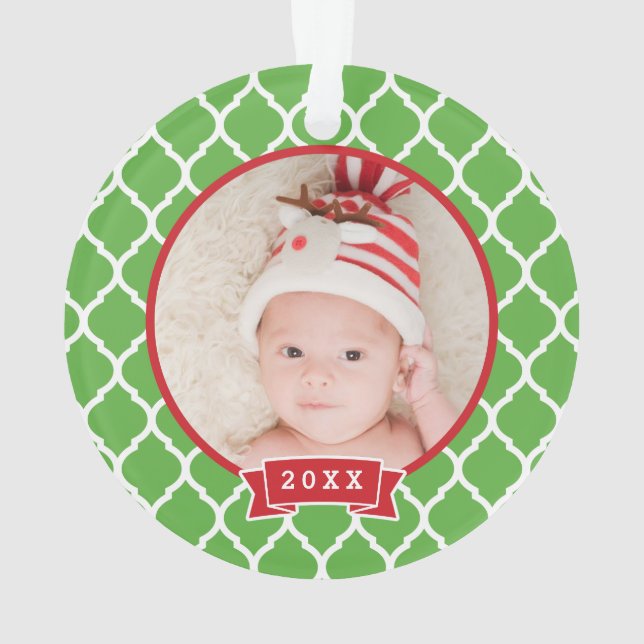 First Christmas Monogram Photo Holiday Ornament (Back)