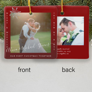 First Christmas Mr and Mrs 2 photos couple red Metal Tree Decoration
