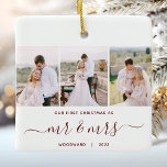 First Christmas Mr and Mrs 3 Photo Red Script Ceramic Ornament<br><div class="desc">Commemorate your first Christmas as newlyweds with this beautiful modern keepsake ornament. The burgundy red text reads "Our first Christmas as, " with the words "mr & mrs" in elegant handwriting script with flourishes before and after. Replace the three sample images with your favourite vertical photos, and add your last...</div>