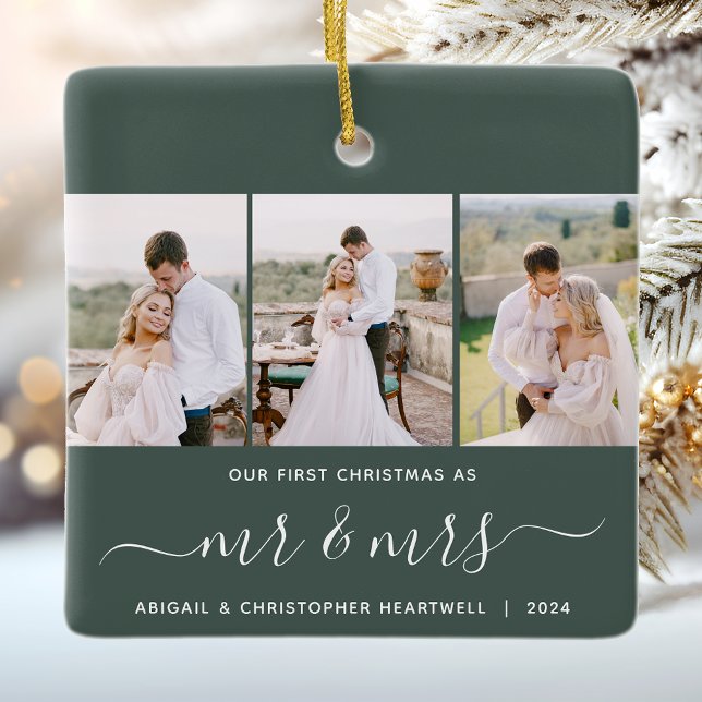 First Christmas Mr and Mrs 3 Photo Script Green Ceramic Ornament (Creator Uploaded)