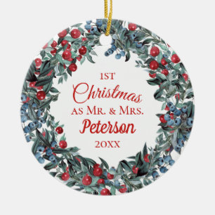 First Christmas Mr and Mrs Berries Wreath Ceramic Tree Decoration