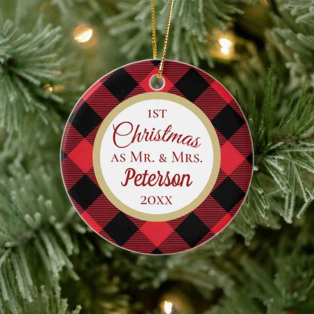 First Christmas Mr and Mrs Buffalo Plaid Ceramic Tree Decoration (Tree)