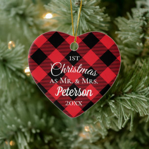 First Christmas Mr and Mrs Buffalo Plaid Heart Ceramic Tree Decoration