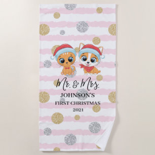 First Christmas Mr. and Mrs. Cat and Dog Winter Beach Towel