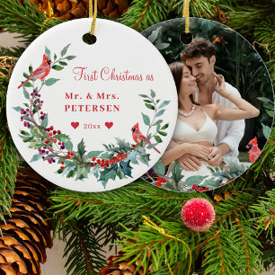 First Christmas Mr and Mrs floral elegant photo Ceramic Tree Decoration