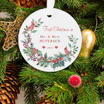 First Christmas Mr and Mrs floral elegant rustic Ornament<br><div class="desc">Winter traditional watercolor elegant Christmas wreath template acrylic ornament featuring coral red, burgundy, and green botanical foliage with seasonal pine cones, fir branches, holly berries, cardinal birds and leaves, and a modern trendy typography script over a clear white background. - Personalise it on both sides with your family name, text...</div>