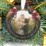 First Christmas Mr and Mrs floral rustic photo Ornament<br><div class="desc">Rustic country newlyweds wedding round photo First Christmas as Mr. and Mrs. personalised tree ornament with red burgundy roses and yellow golden sunflowers bouquets over a dark brown barn wood with strings of twinkle lights. Easy to customise with your names, text and photo! It can be a pretty keepsake gift...</div>