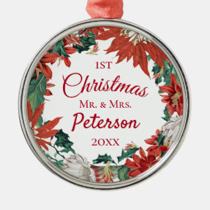 First Christmas Mr and Mrs Flower Wreath Metal Tree Decoration