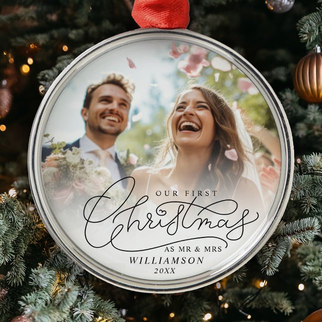 First Christmas Mr and Mrs Newlyweds Wedding Photo Metal Tree Decoration (Deck the halls with First Christmas Mr. & Mrs. wedding photo ornament.)