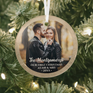 First Christmas Mr and Mrs Photo Glass Ornament