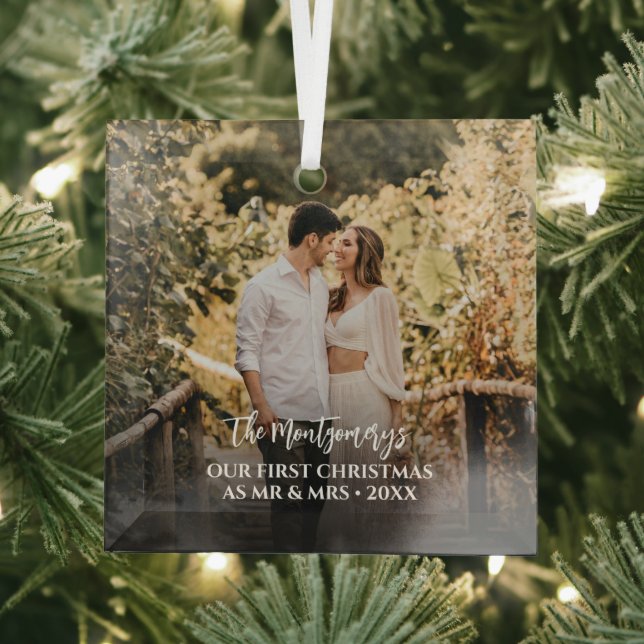 First Christmas Mr and Mrs Photo Glass Tree Decoration (Insitu)