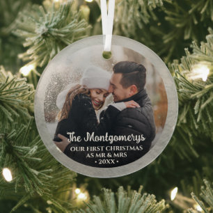 First Christmas Mr and Mrs Photo Glass Tree Decoration