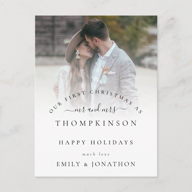 First Christmas Mr and Mrs Photo Names Holiday Postcard (Front)