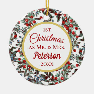 First Christmas Mr and Mrs Red Blue Berries Cerami Ceramic Tree Decoration