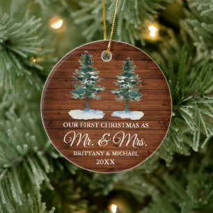 First Christmas Mr. and Mrs. Rustic Wood Two Pines Ceramic Tree Decoration