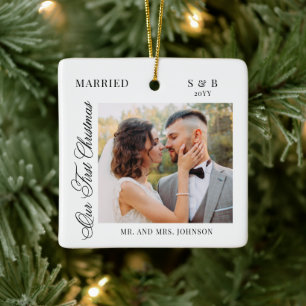 First Christmas Mr and Mrs Script 2 Photo Ceramic Ornament