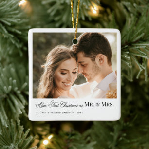 First Christmas Mr and Mrs Script Newlyweds Photo Ceramic Ornament