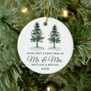 First Christmas Mr. and Mrs. Watercolor Two Pines Ceramic Tree Decoration