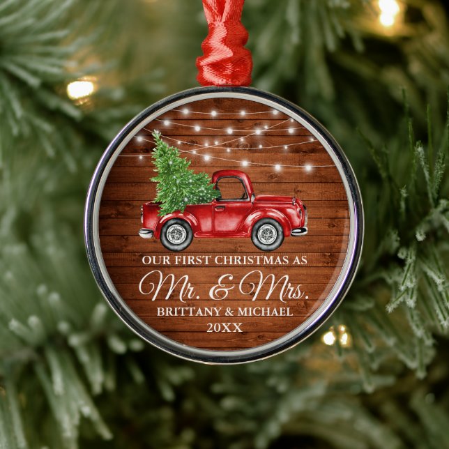 First Christmas Mr and Mrs Wood Lights Truck Metal Tree Decoration (Tree)