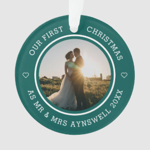 First Christmas Mr & Mrs 2 Photo Modern Green Ornament