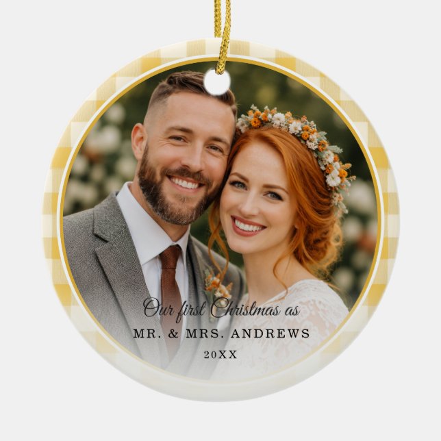 First Christmas-Mr. & Mrs. 2 Photo Yellow Gingham Ceramic Tree Decoration (Front)