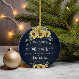 First Christmas Mr & Mrs Blue Faux Wood Sunflowers Ceramic Tree Decoration