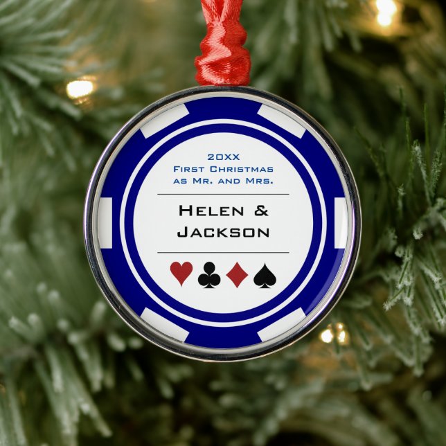 First Christmas Mr & Mrs Blue White Poker Chip Metal Tree Decoration (Tree)