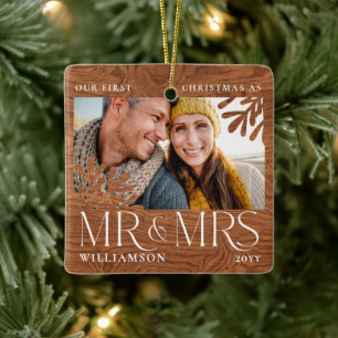 First Christmas Mr & Mrs Couple Photo Woodgrain Ceramic Ornament