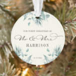 First Christmas Mr & Mrs Eucalyptus Greenery Ornament<br><div class="desc">Celebrate your first Christmas as Mr and Mrs in style with this elegant calligraphy design ornament featuring your custom family name and the date of your wedding surrounded by gorgeous watercolor illustrations of eucalyptus greenery. Makes a super cute gift for the newlyweds.</div>