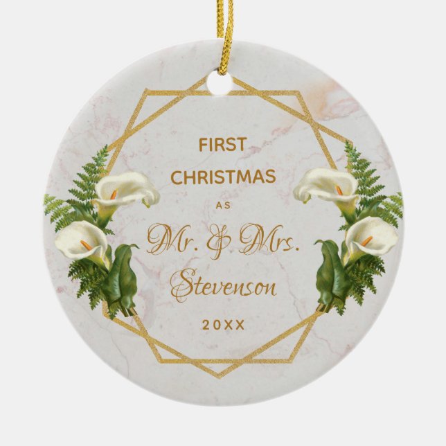 First Christmas Mr & Mrs Gold Marble Calla Lilies Ceramic Tree Decoration (Front)
