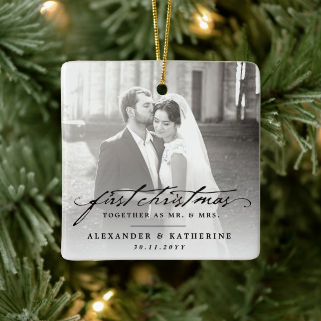 First Christmas Mr. & Mrs. Holiday Wedding Photo Ceramic Ornament (Tree)