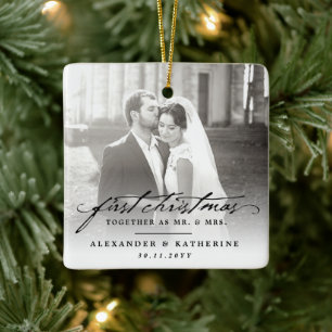 First Christmas Mr. & Mrs. Holiday Wedding Photo Ceramic Ornament