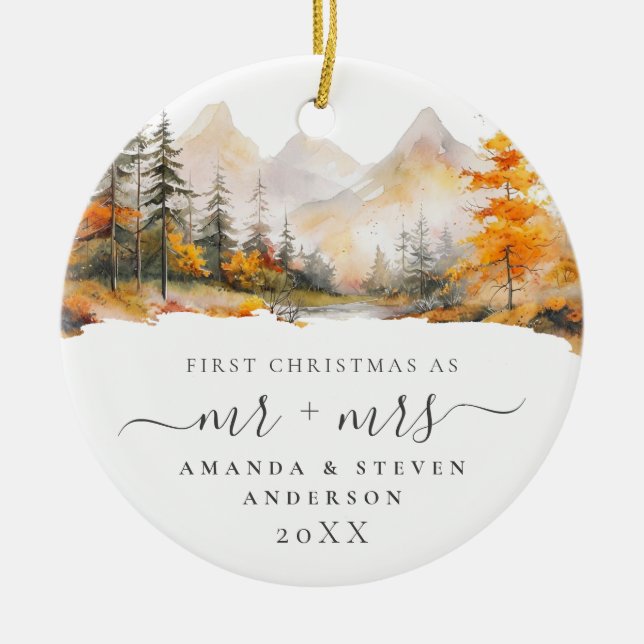 First Christmas Mr Mrs Mountain Forest Wedding Ceramic Tree Decoration (Front)