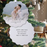 First Christmas Mr Mrs Name Year Photo Overlay Tree Decoration Card<br><div class="desc">First Christmas as Mr Mrs Photo Overlay Name Year Script Ornament. Your first married Christmas is very special, and this handy all-in-one ornament and card, has your photo and first Christmas in an informal set script on the front along with your married name and year, and your message and first...</div>
