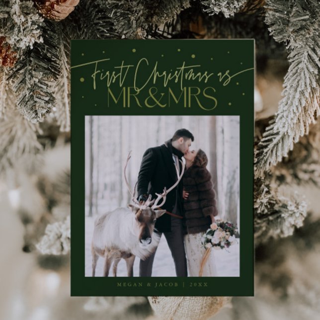 First Christmas Mr Mrs Newlywed Photo Green Holiday Card (Creator Uploaded)