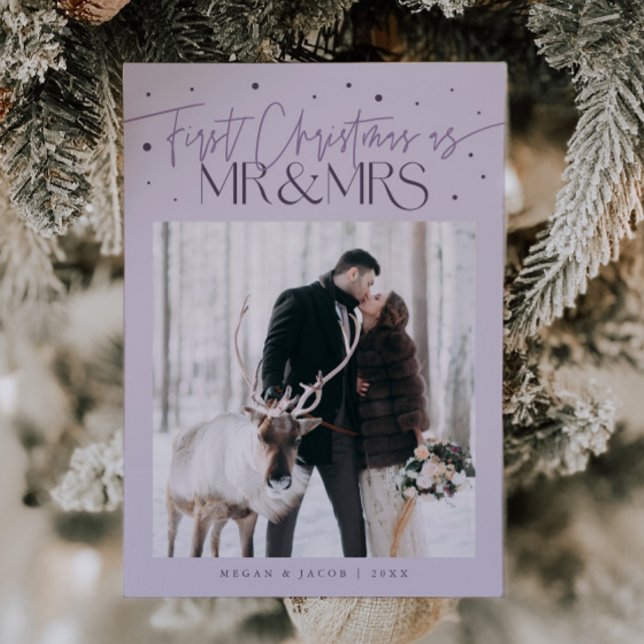 First Christmas Mr Mrs Newlywed Photo Purple Holiday Card (Creator Uploaded)