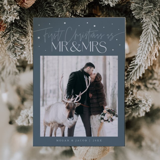 First Christmas Mr Mrs Newlywed Photo Slate Blue Holiday Card (Creator Uploaded)