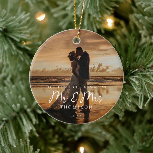 First Christmas Mr Mrs Newlyweds Photo Ceramic Tree Decoration (Tree)
