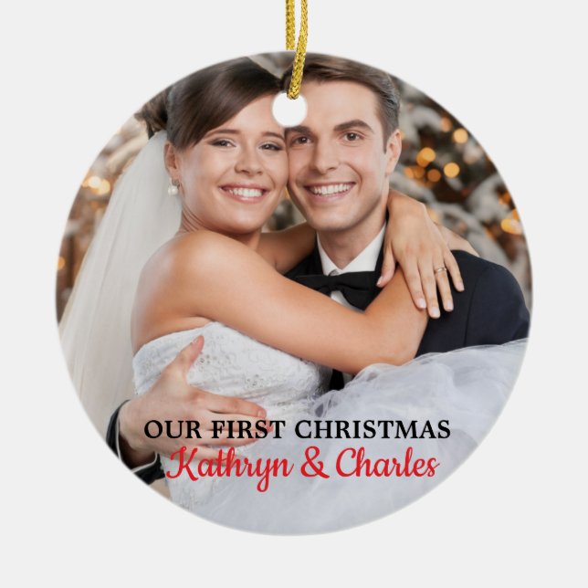 First Christmas Mr Mrs Personalised Photo Ceramic Tree Decoration (Front)