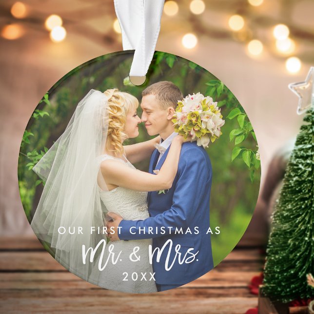 First Christmas Mr. & Mrs. Photo Brush Script Ornament (Creator Uploaded)