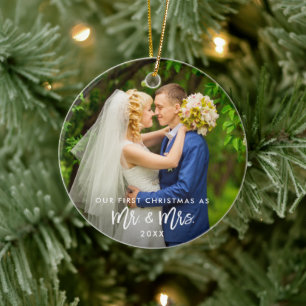 First Christmas Mr. & Mrs. Photo Brush Script R Ceramic Tree Decoration