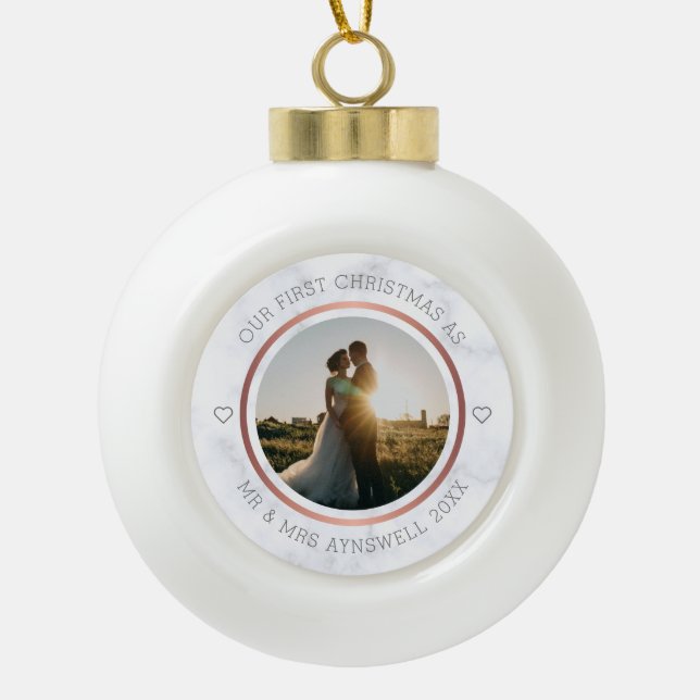 First Christmas Mr & Mrs Photo Elegant Marble Ceramic Ball Christmas Ornament (Front)