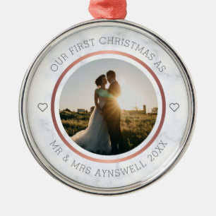 First Christmas Mr & Mrs Photo Elegant Marble Metal Tree Decoration