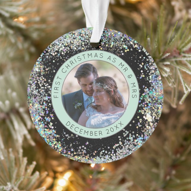 First Christmas Mr Mrs Photo Name Faux Glitter Ornament (Tree)
