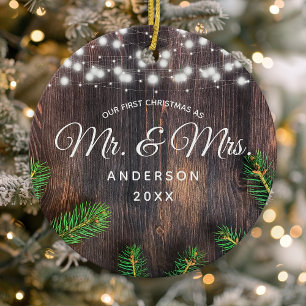 First Christmas Mr Mrs Pine Wood String Lights Ceramic Tree Decoration